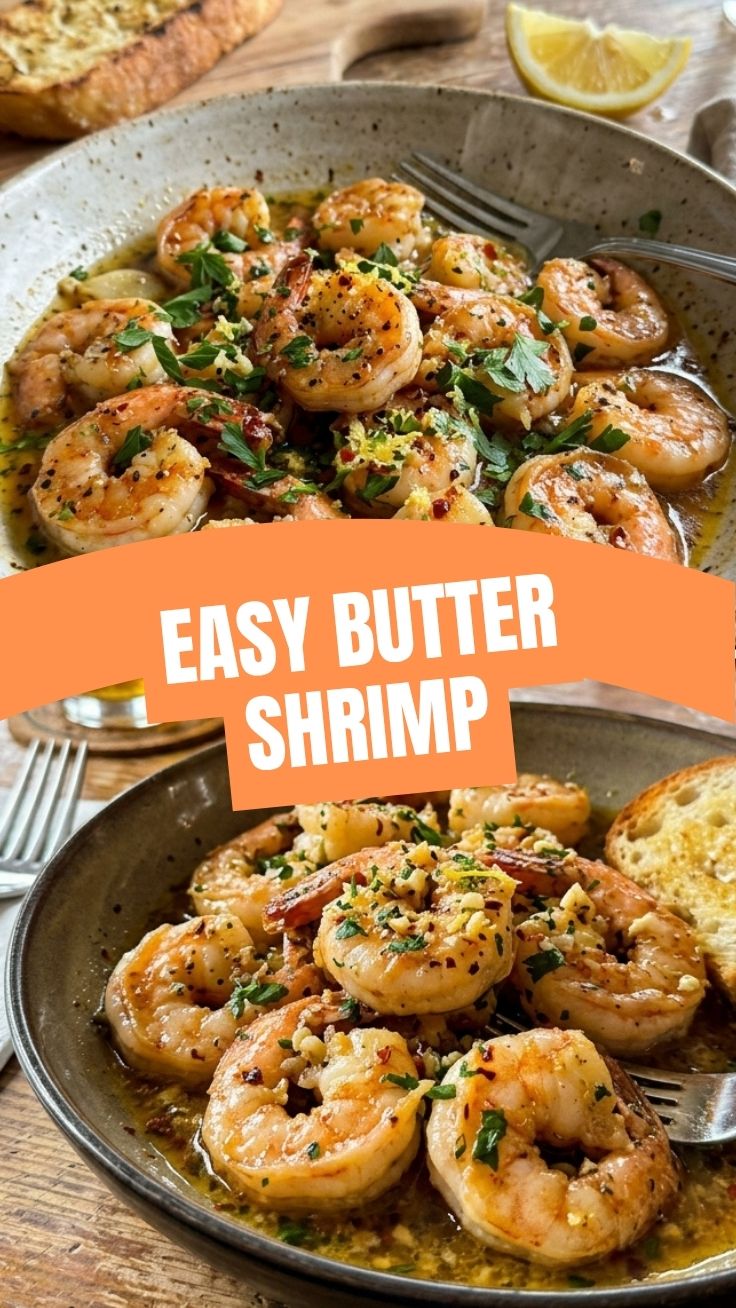 A serving of delicious garlic butter shrimp in a pan.