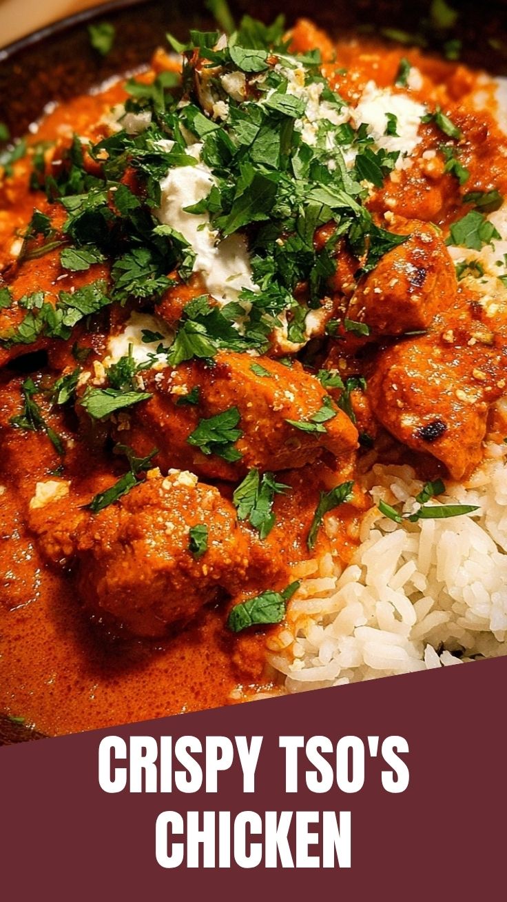 A serving of General Tso's Chicken coated in a rich, sweet, and spicy sauce, garnished with scallions.
