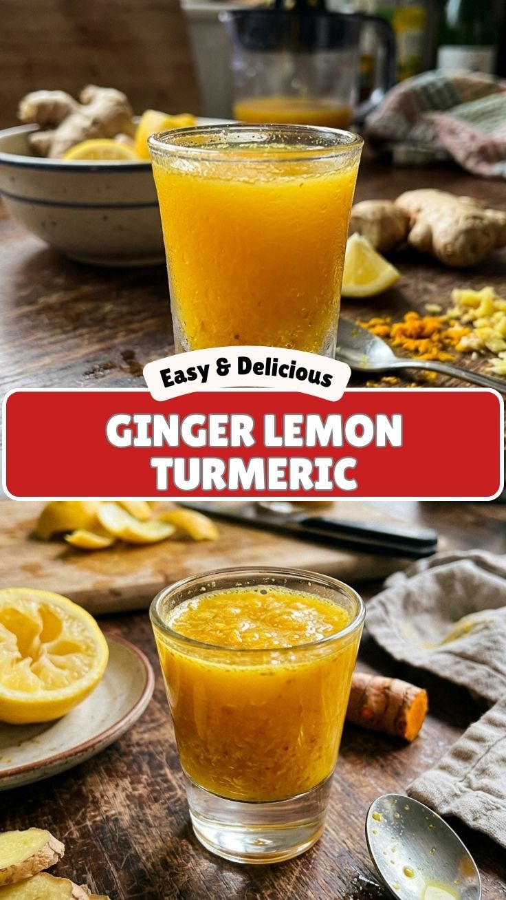 A vibrant ginger lemon turmeric shot in a small glass