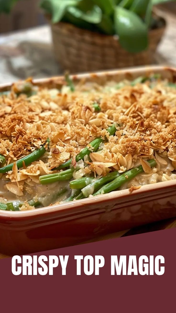 A savory green bean casserole topped with crispy fried onions on a white dish