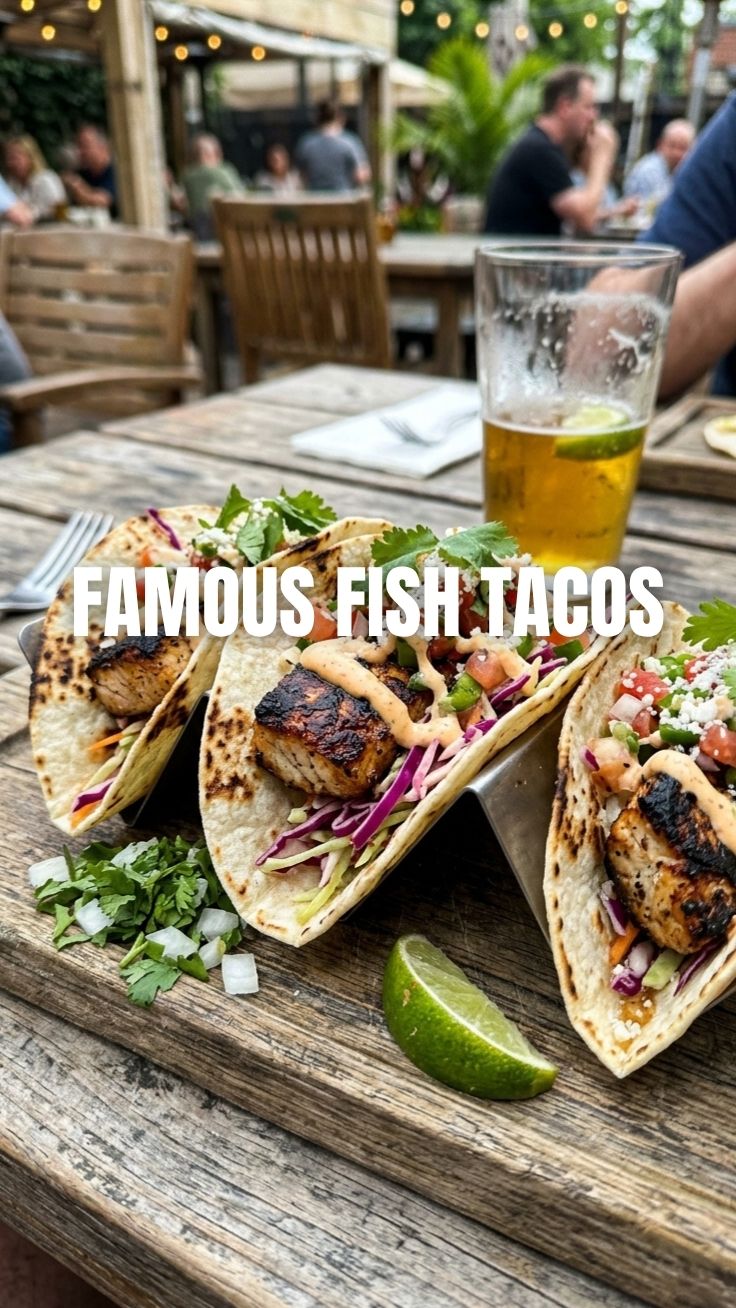 Three grilled fish tacos with vibrant toppings on a platter