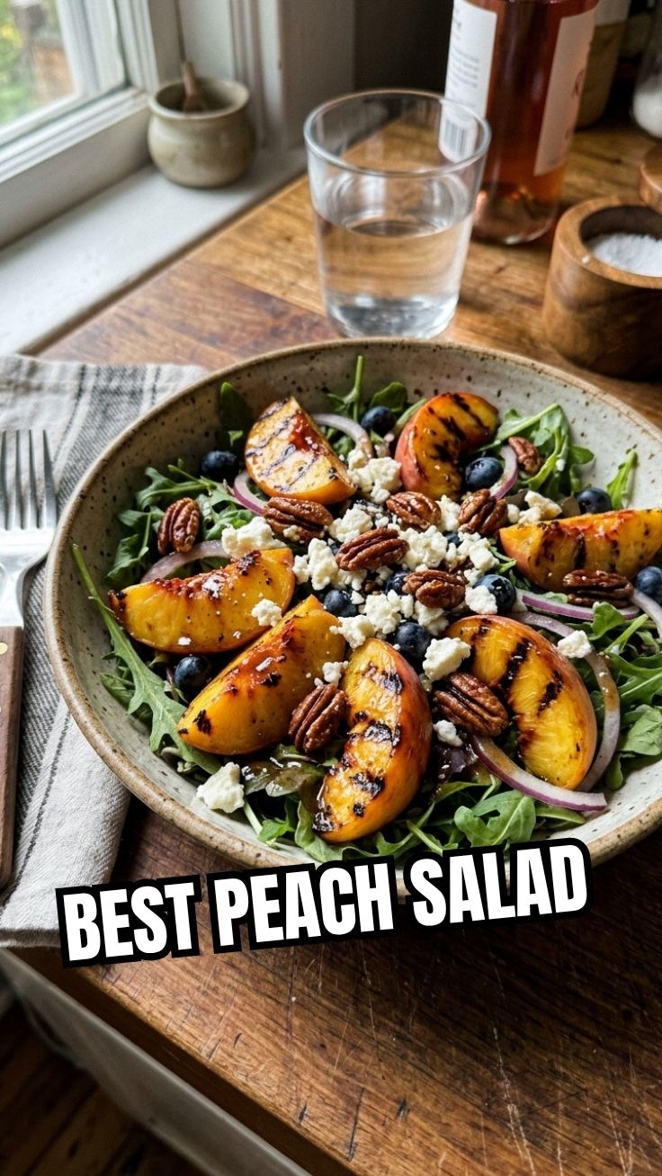 A vibrant grilled peach salad with mixed greens and feta cheese.
