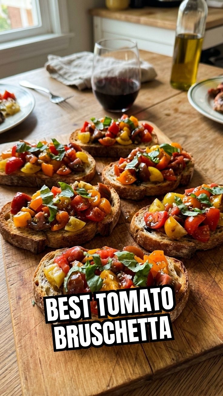 Delicious heirloom tomato bruschetta with fresh basil