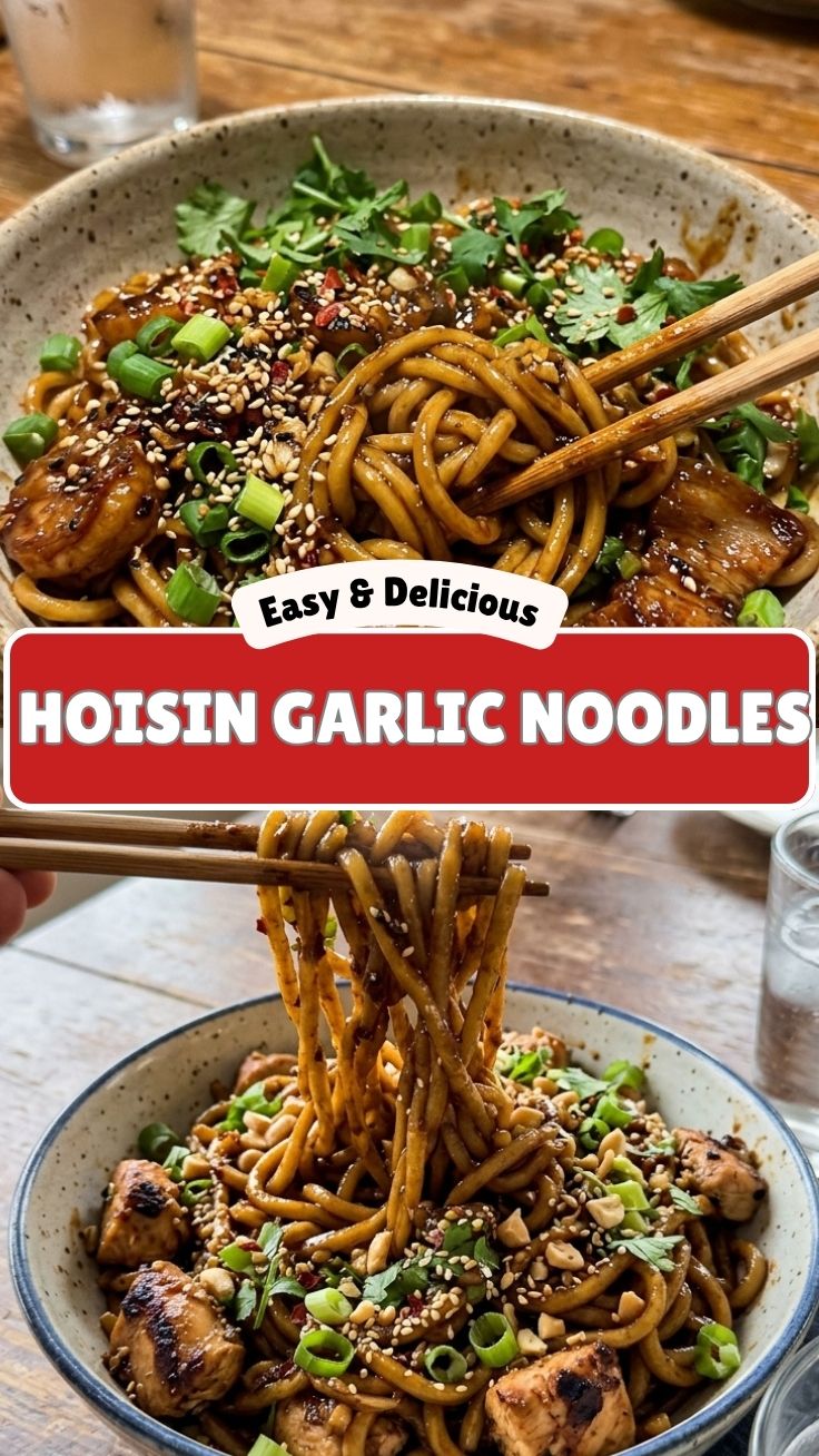 Close-up of hoisin garlic noodles in a ceramic bowl, garnished with green onions and sesame seeds.