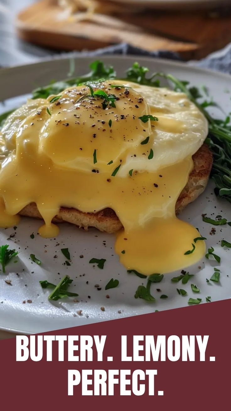 A serving of rich, golden hollandaise sauce in a pristine white ramekin.