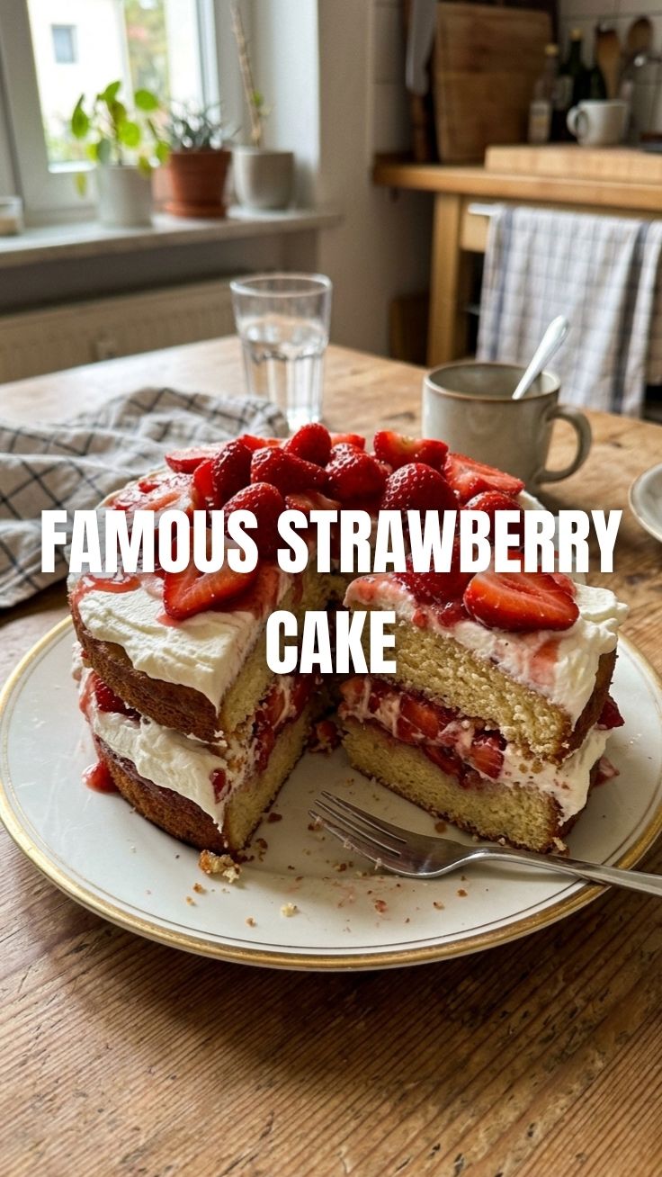 A homemade strawberry cake, freshly baked and decorated.
