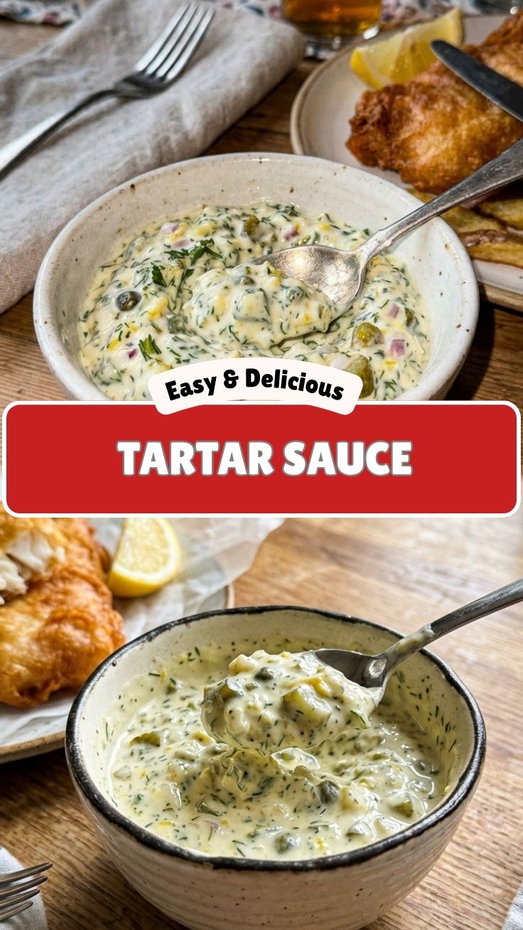 A close-up of a bowl of creamy homemade tartar sauce garnished with fresh dill.