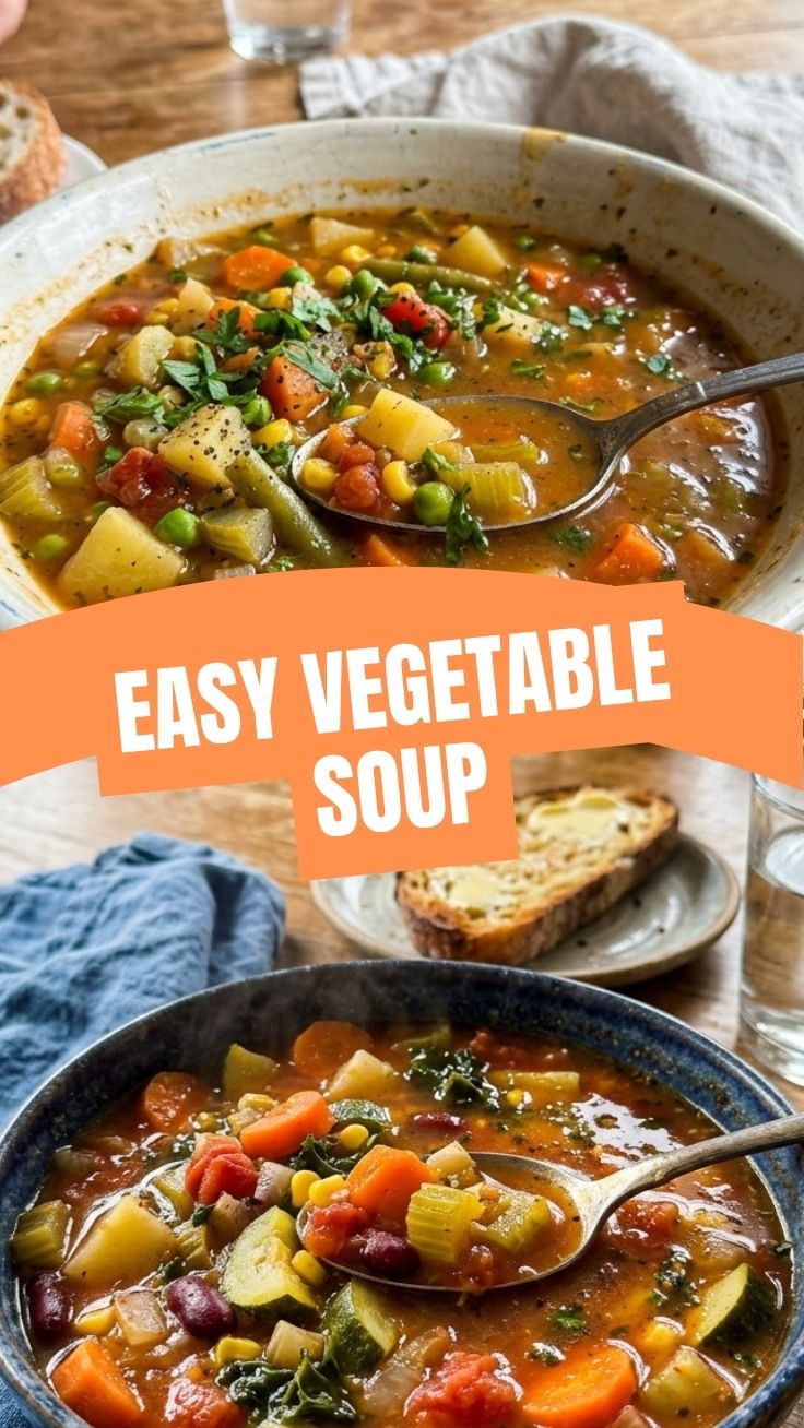 A steaming bowl of homemade vegetable soup with fresh ingredients.