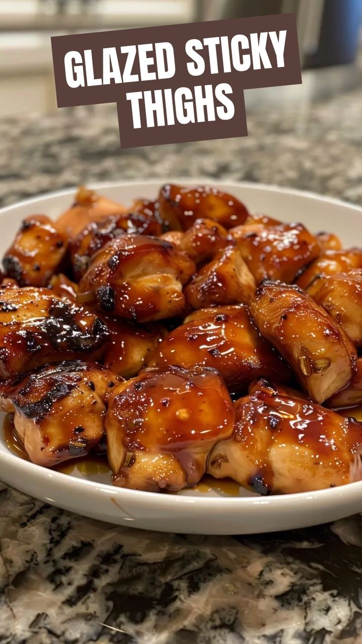 A close-up of beautifully glazed honey garlic chicken pieces, garnished with fresh herbs.