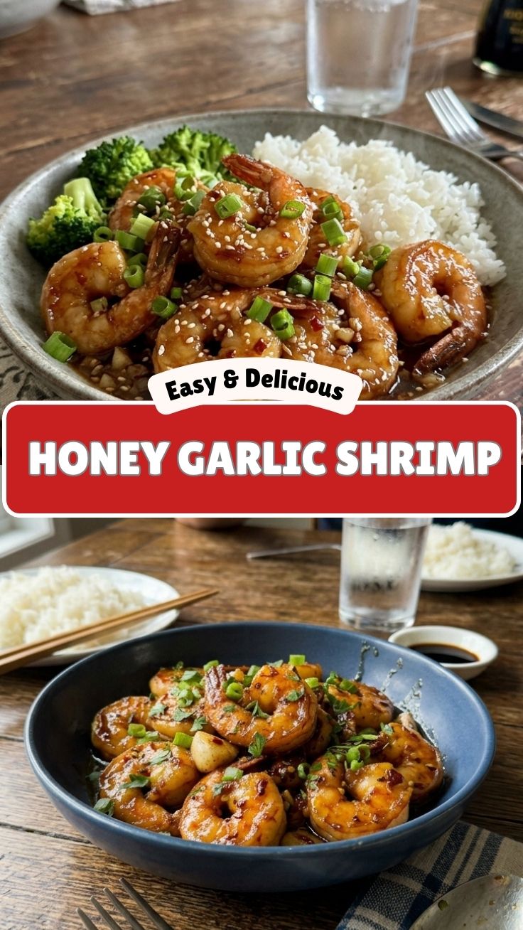 Plate of perfectly glazed honey garlic shrimp, garnishes not visible but implied.