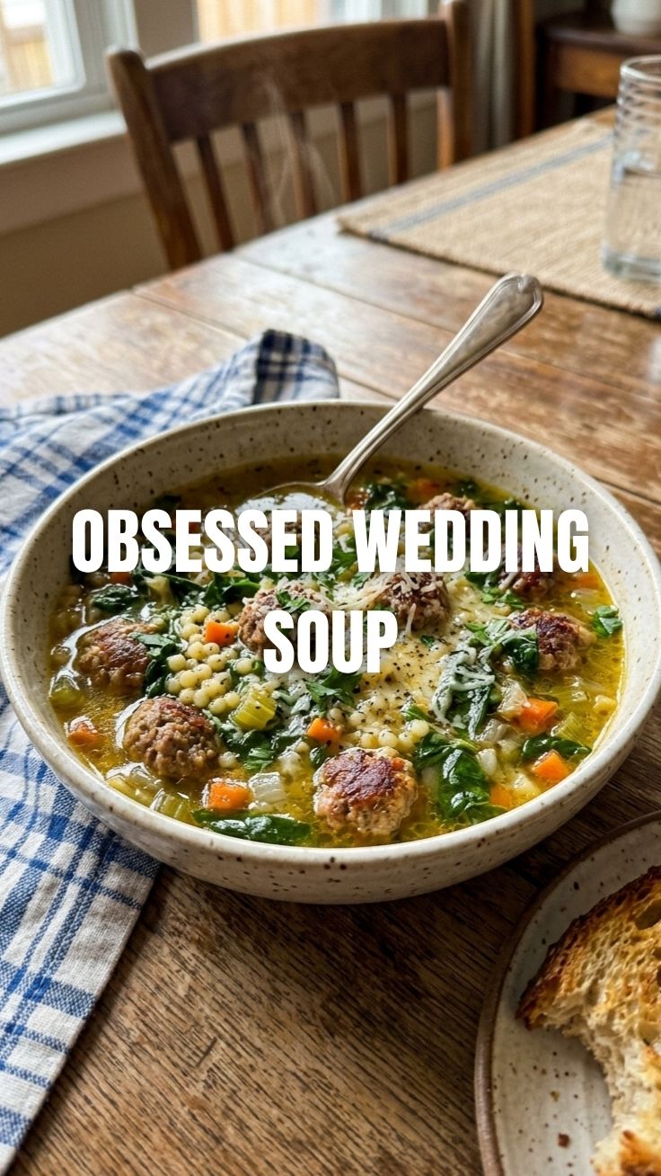 A bowl of delicious Italian Wedding Soup with small meatballs and greens