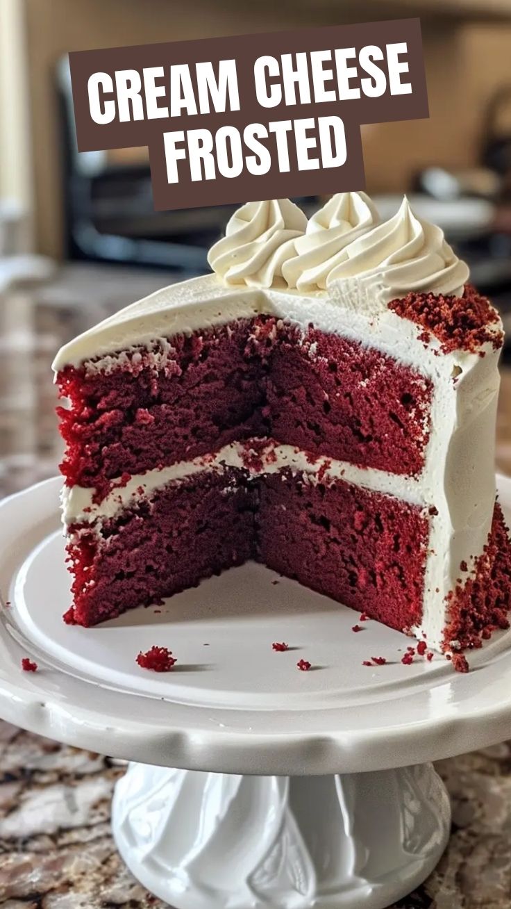 A vibrant Juneteenth Red Velvet Cake topped with cream cheese frosting