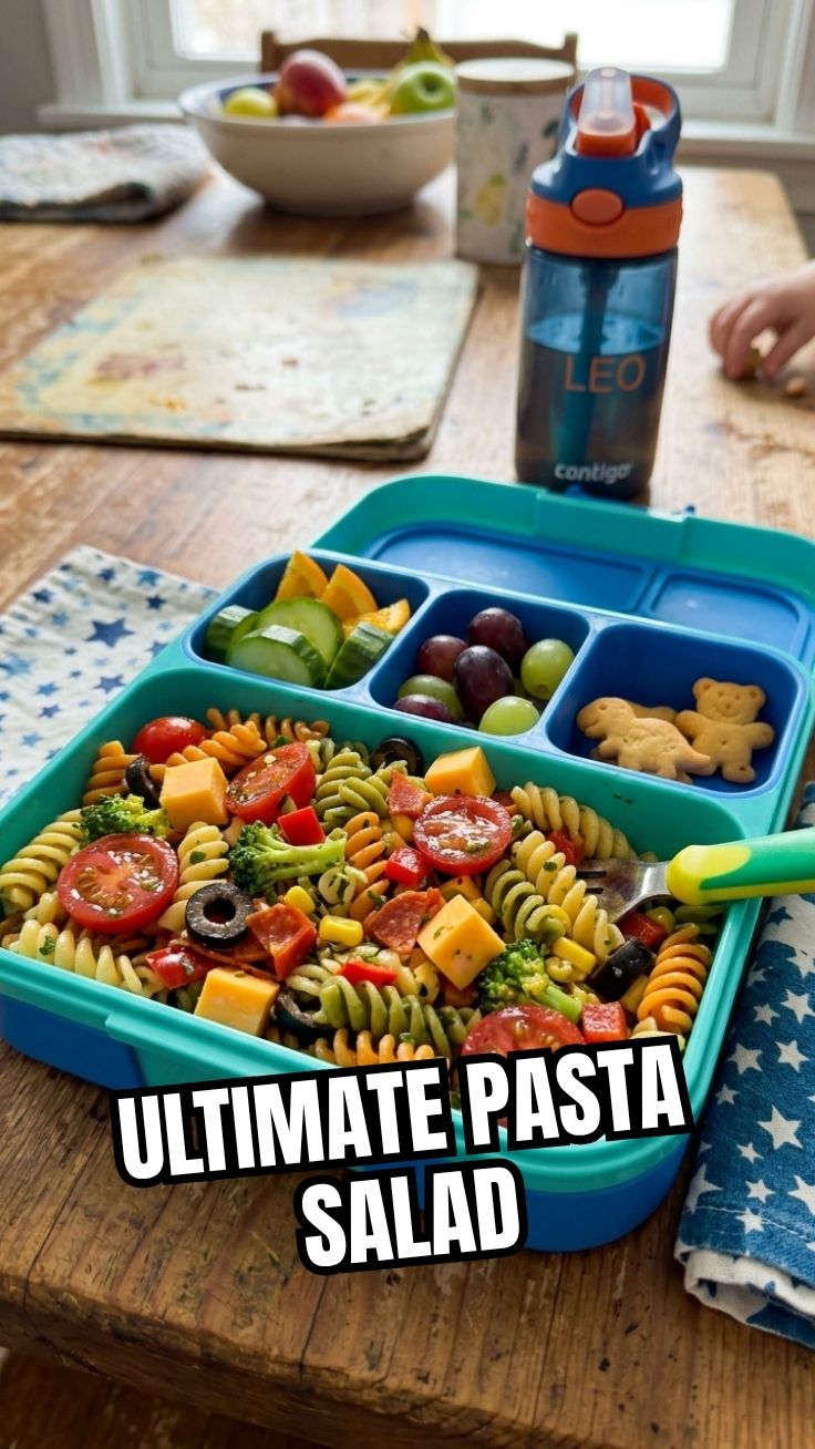 A colorful lunchbox pasta salad, perfect for kids' meals.