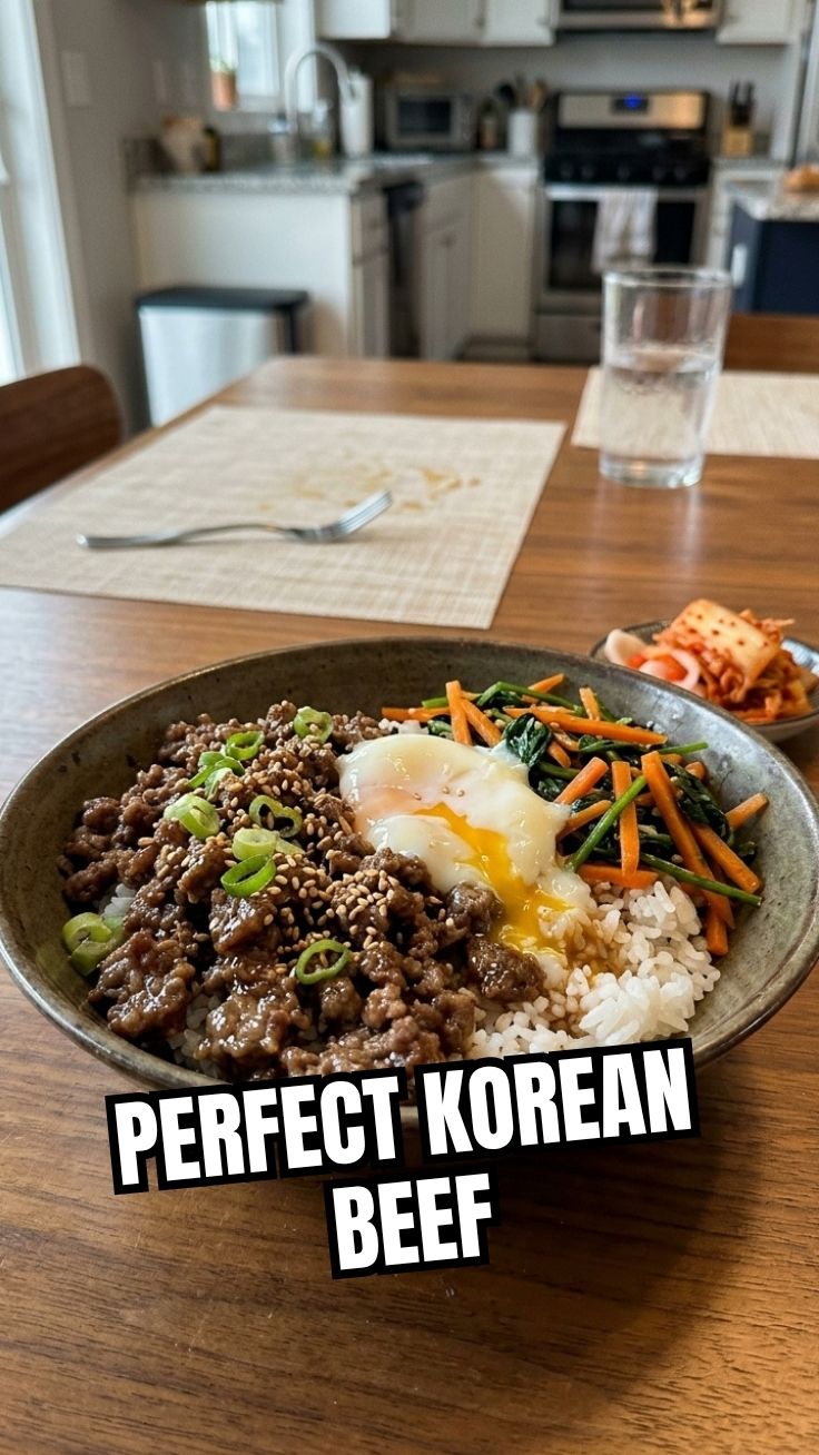A vibrant Korean beef bowl with rice and vegetables