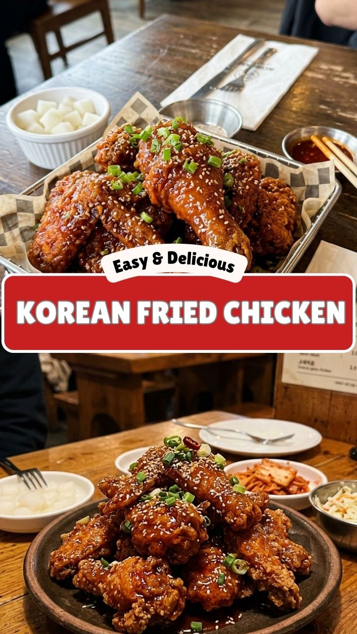 A plate of crispy, golden-brown Korean Fried Chicken with gochujang glaze
