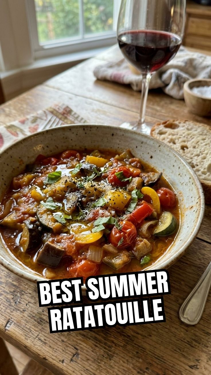 A vibrant late summer ratatouille, beautifully layered and showcasing fresh vegetables.