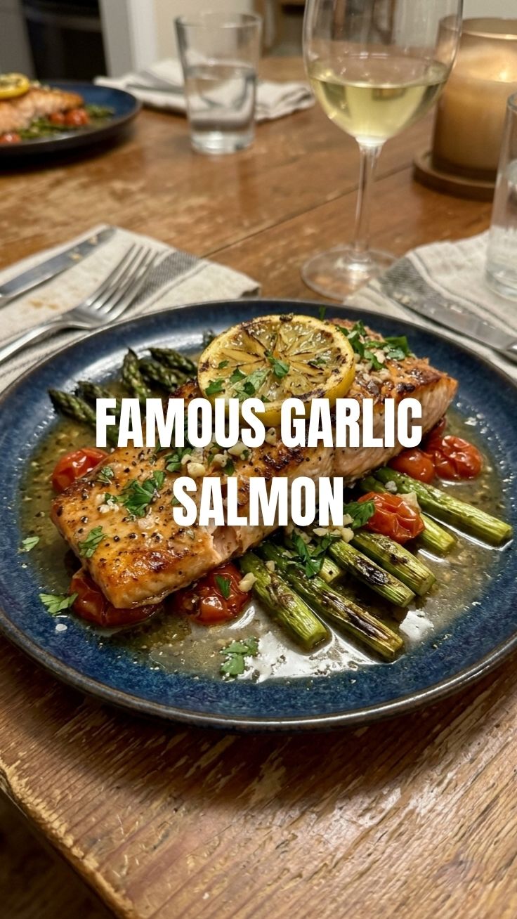A perfectly cooked piece of lemon garlic salmon, flaky and golden-brown.