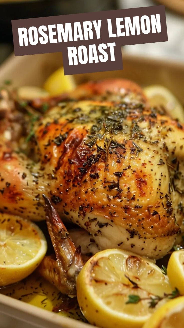 A whole roasted chicken generously seasoned with lemon and herbs