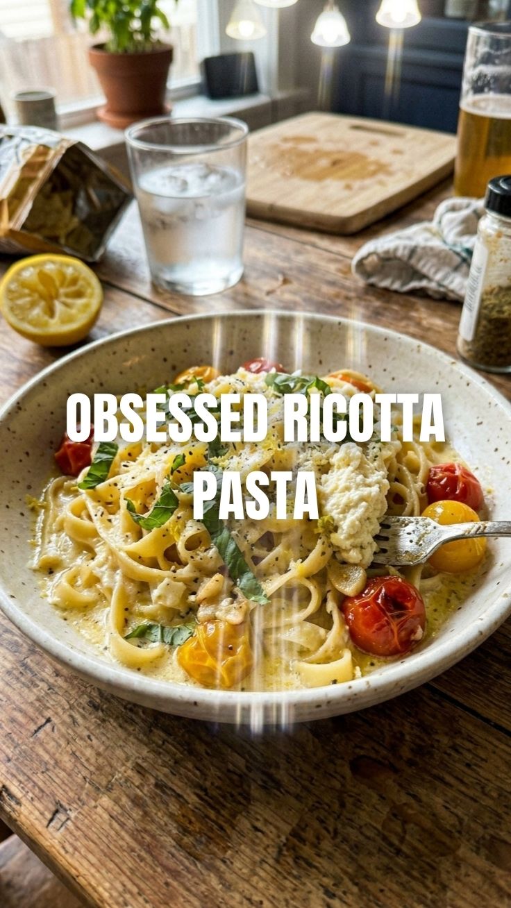 A bowl of creamy lemon ricotta pasta with fresh herbs.