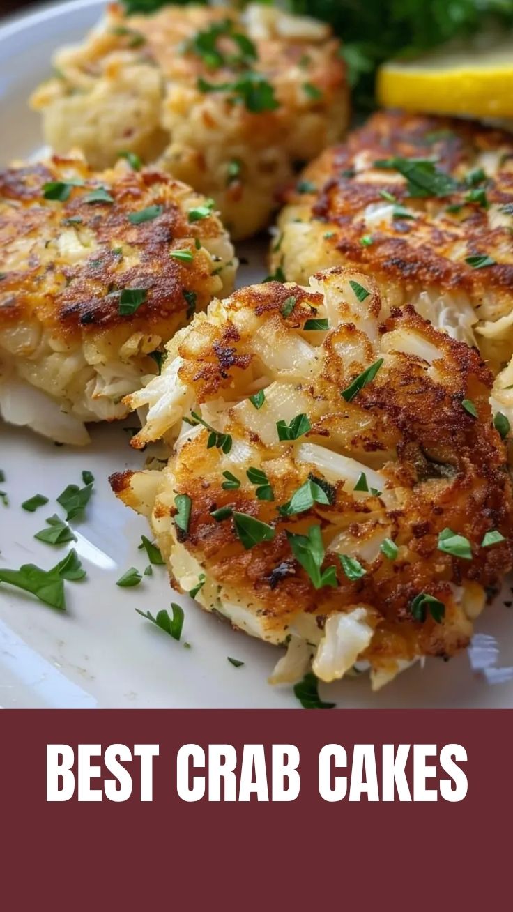 A plate showcasing several Maryland style crab cakes, perfectly golden-brown.
