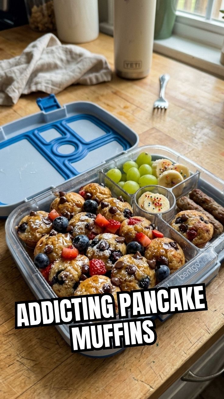 Mini pancake muffins arranged in a lunchbox with fresh berries for a school meal