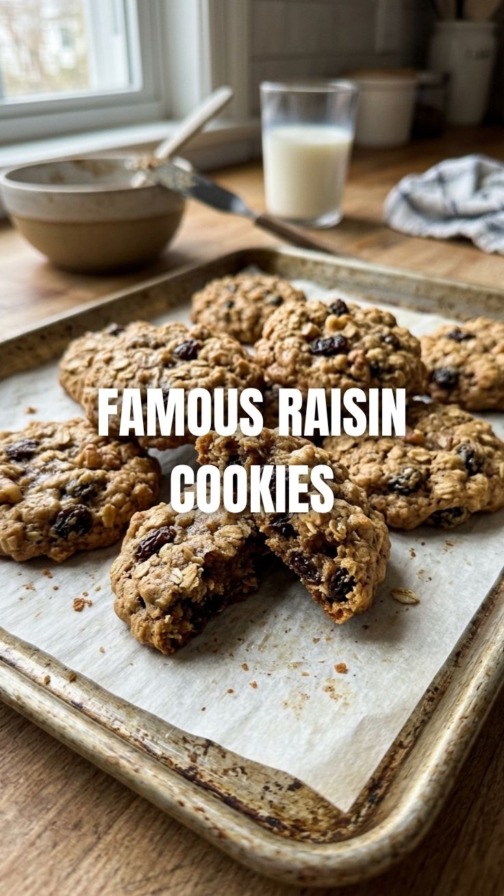 A close-up of several freshly baked oatmeal raisin cookies on a cooling rack.