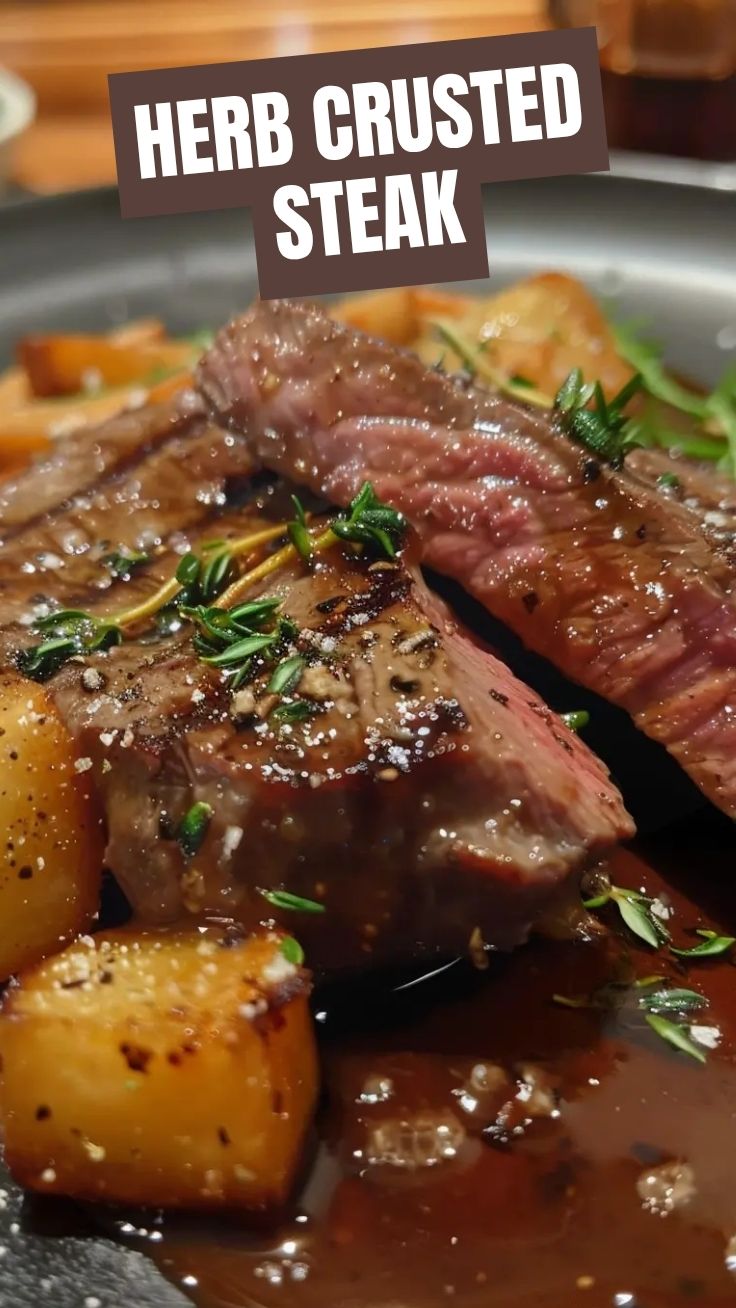 A perfectly pan-seared ribeye steak with a golden-brown crust and pink interior, garnished with fresh herbs.