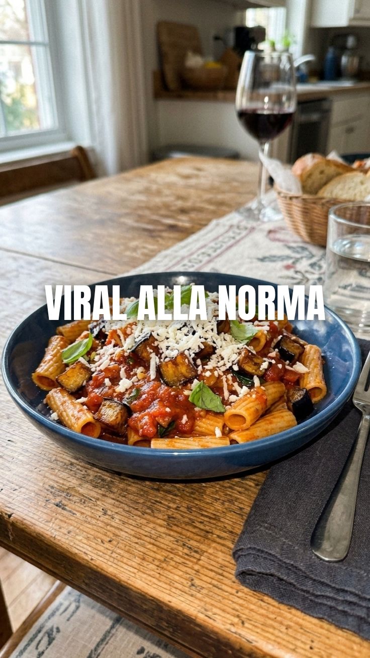 A vibrant bowl of Pasta alla Norma featuring tender eggplant, rich tomato sauce, and grated ricotta salata.