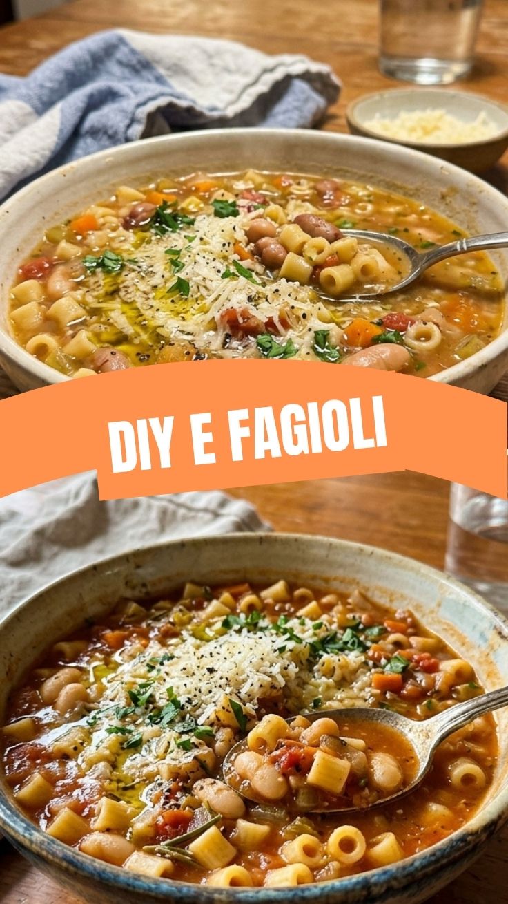 A steaming bowl of traditional Pasta e Fagioli with ditalini pasta and beans