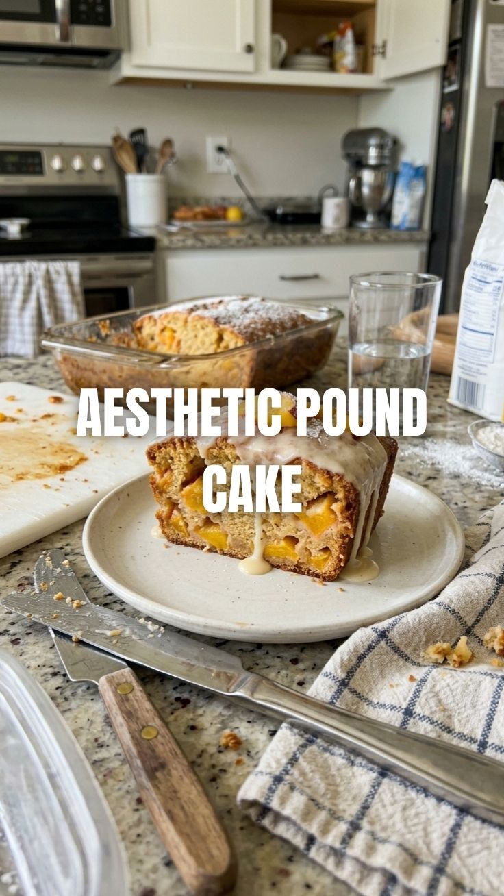 A freshly baked peach pound cake sliced on a serving platter.