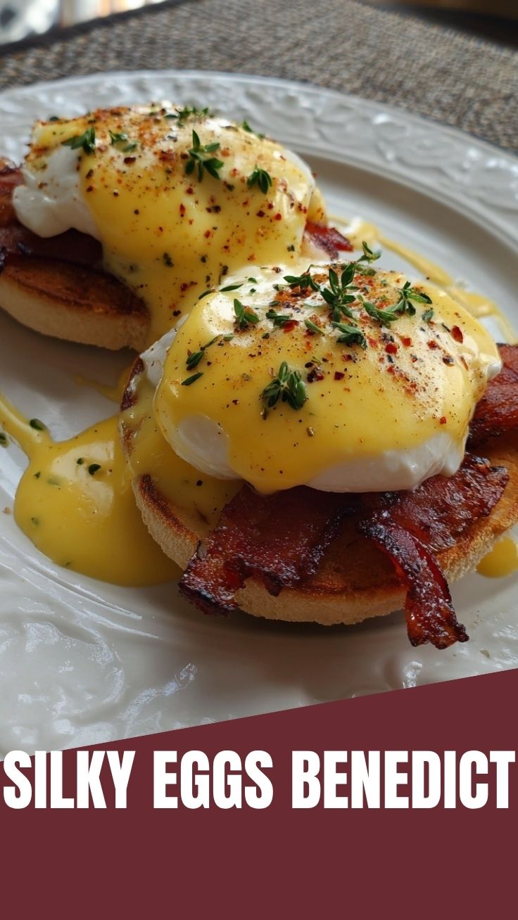 A perfectly plated Eggs Benedict with hollandaise sauce, poached eggs, and ham on an English muffin.