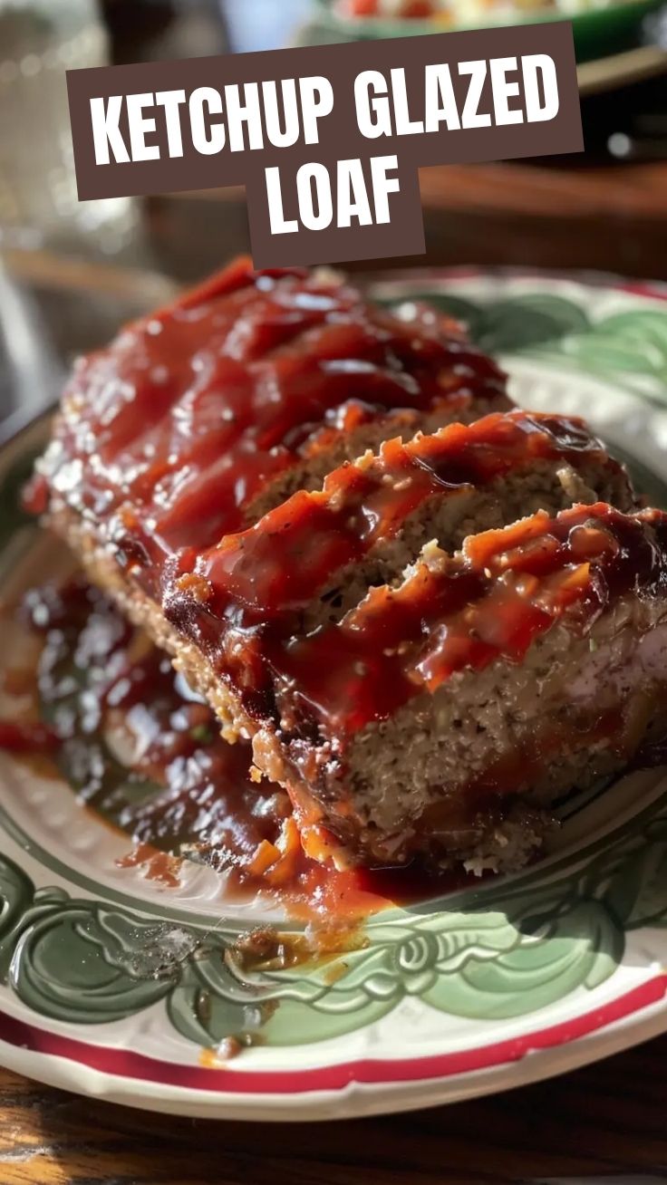 A freshly baked meatloaf, still warm from the oven, with a rich glaze.