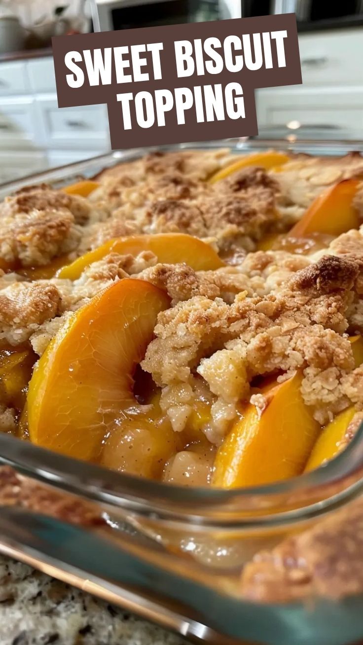 A cozy, warm peach cobbler generously topped with golden crust.