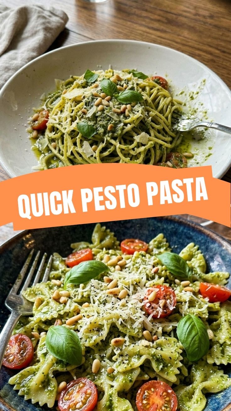 A vibrant bowl of pesto pasta garnished with fresh basil leaves