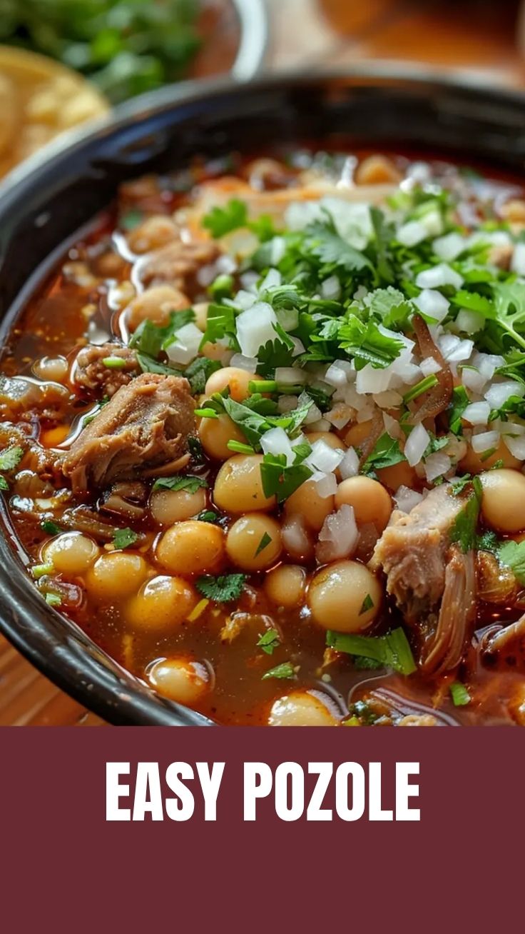 A steaming bowl of traditional pozole soup garnished with radish and lime.