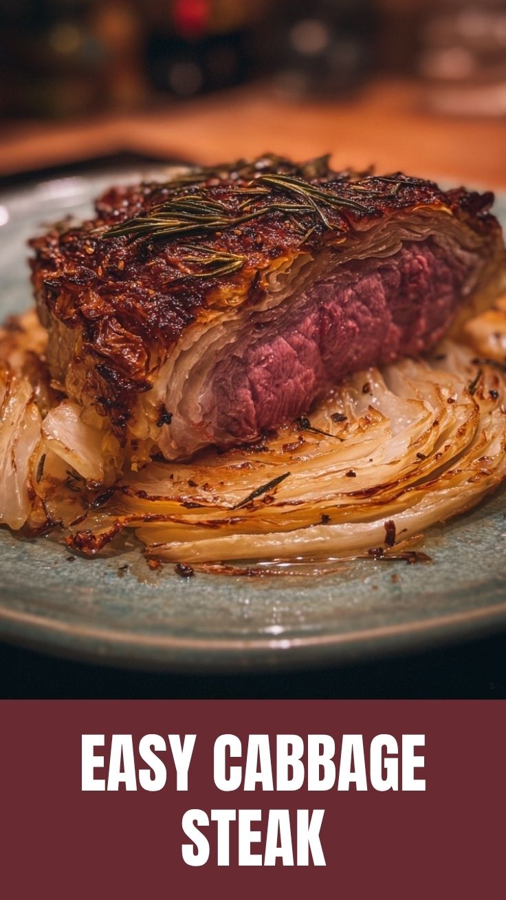 A beautifully roasted cabbage steak with golden-brown edges on a cutting board