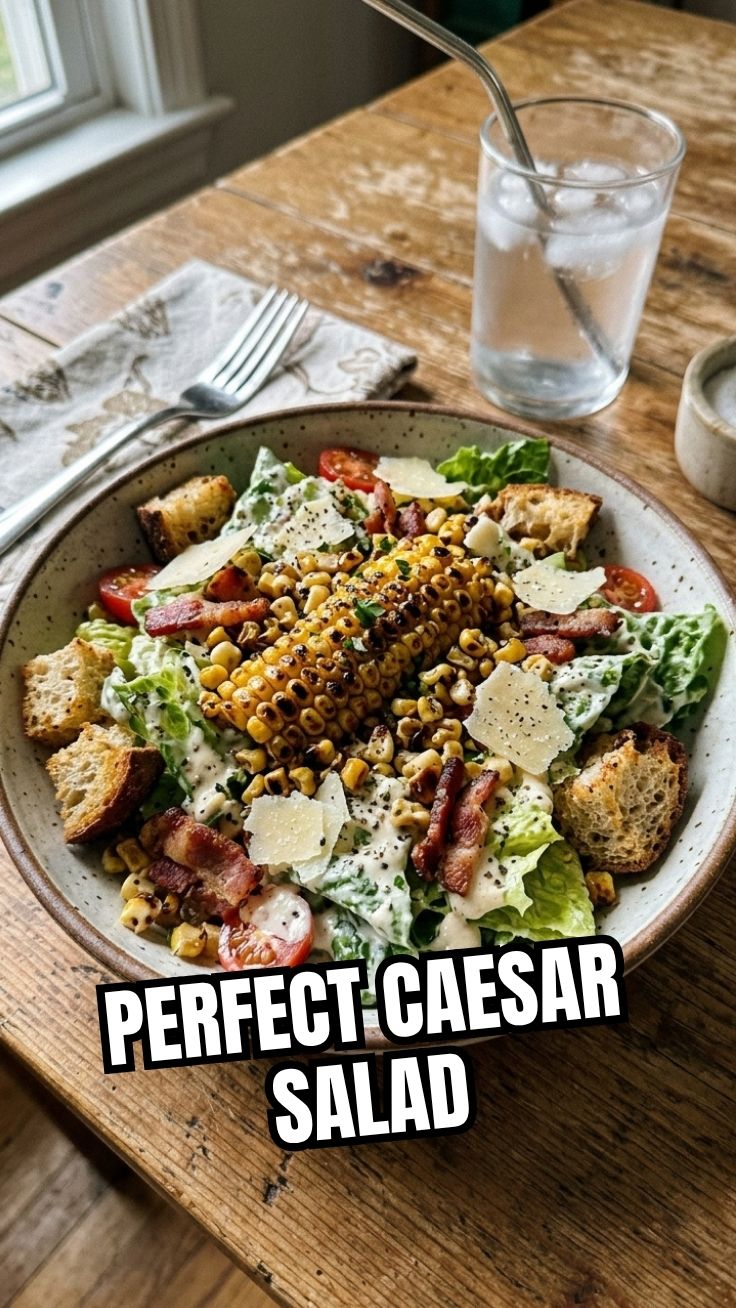 A vibrant Roasted Corn Caesar Salad with fresh greens and croutons.
