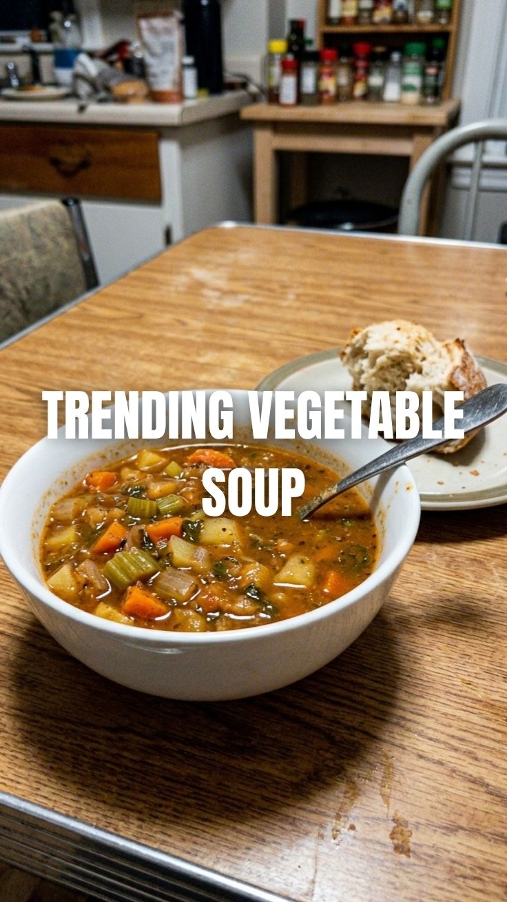 A steaming bowl of roasted vegetable soup, garnished with fresh herbs.