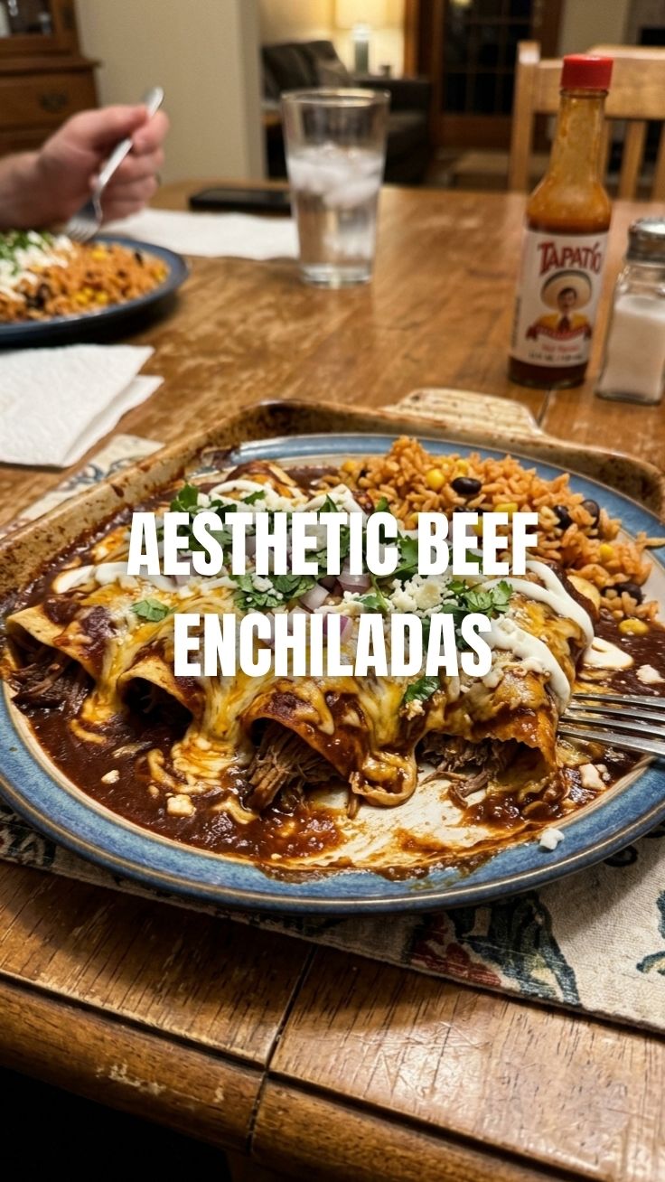 A plate of delicious beef enchiladas covered in red sauce and cheese