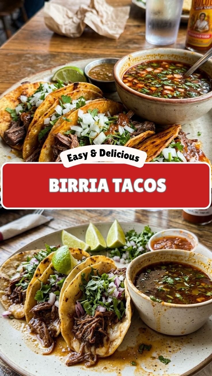 Plate of savory Birria tacos with rich consommé