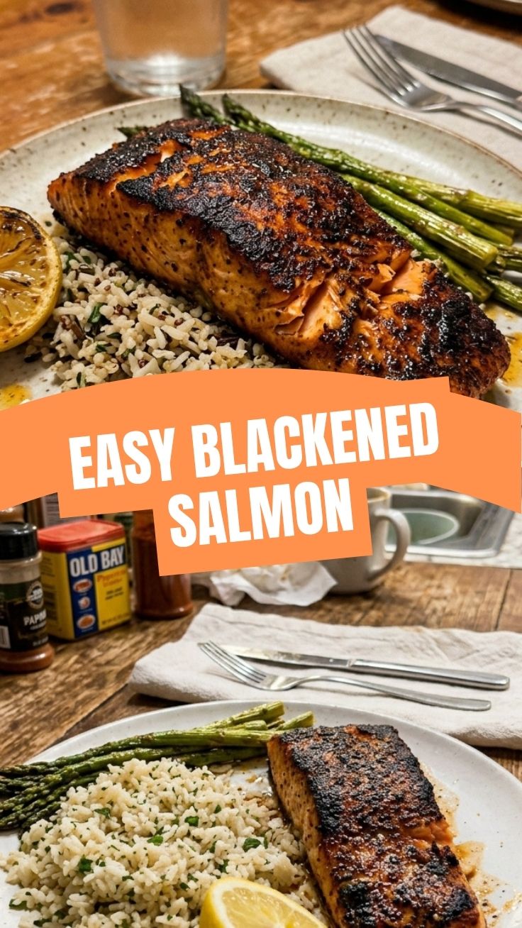 A perfectly cooked blackened salmon fillet with a crispy crust