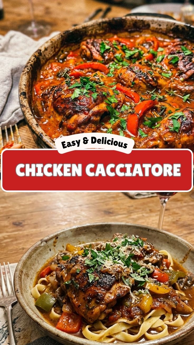 A bowl of chicken cacciatore with rich tomato sauce