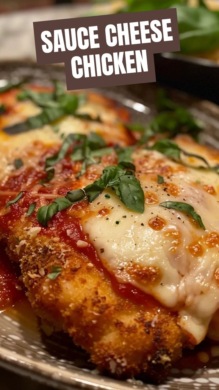 A vibrant dish of chicken parmesan topped with melted cheese and fresh herbs.