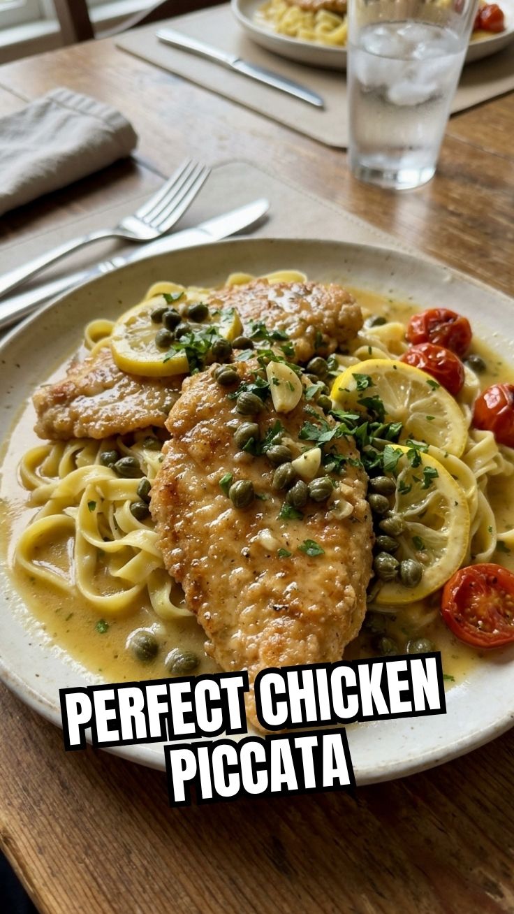 A plate of classic Chicken Piccata with lemon slices and capers.