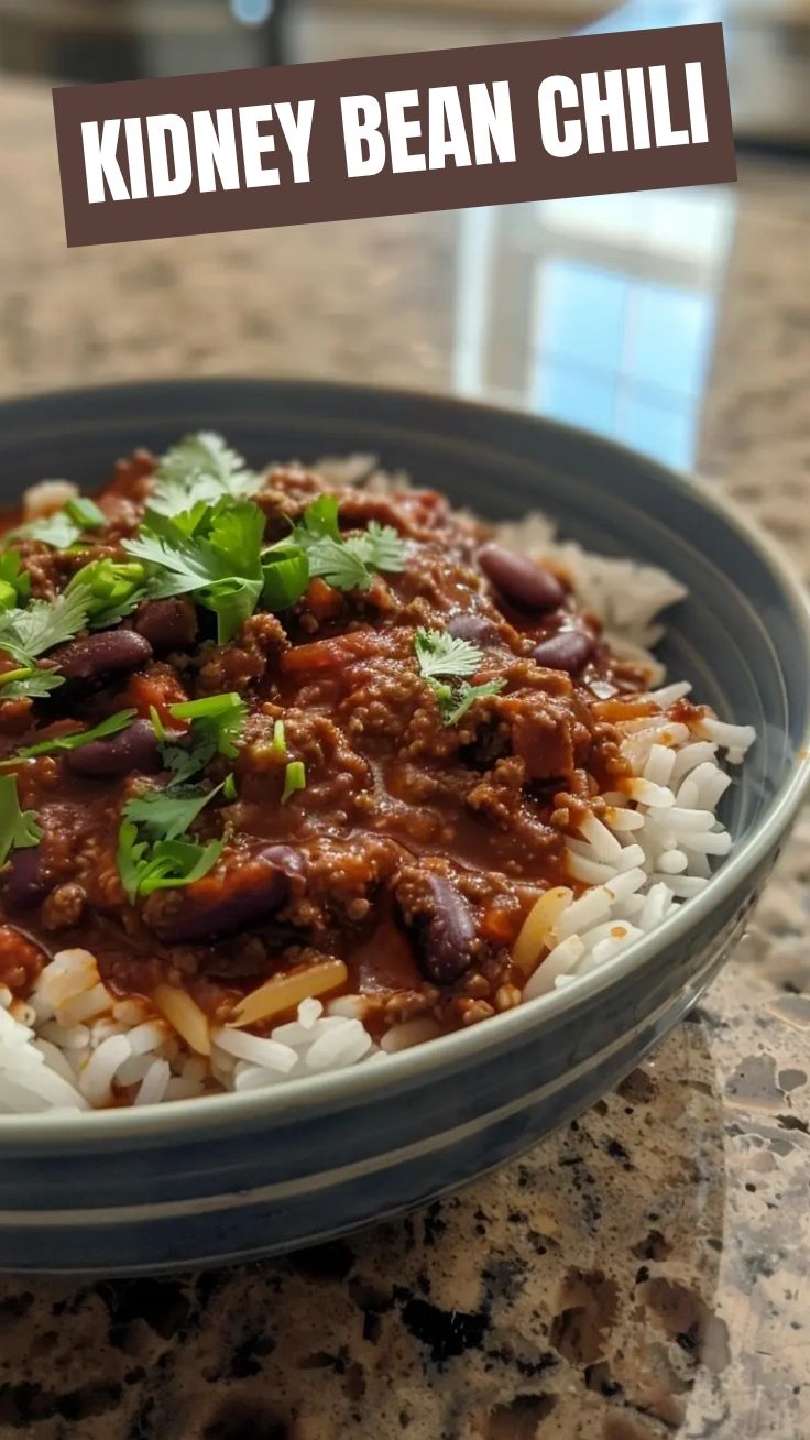 A bowl of rich, red chili con carne garnished with fresh herbs