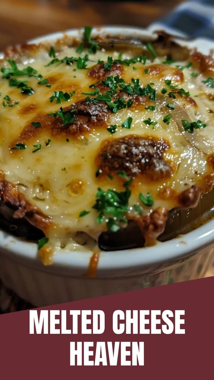 A steaming bowl of French Onion Soup topped with melted Gruyere cheese and croutons