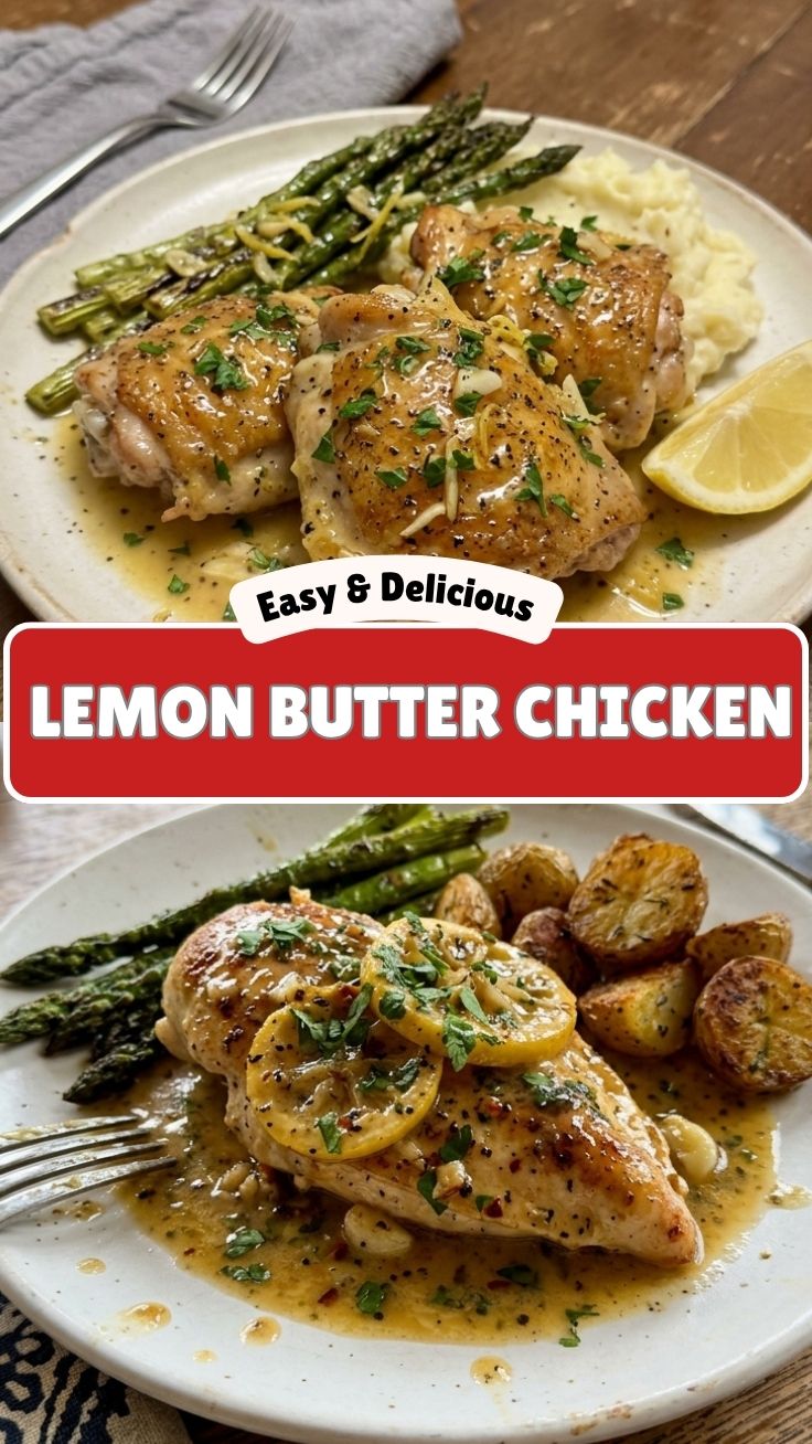A savory dish of lemon butter chicken, garnished with fresh herbs.