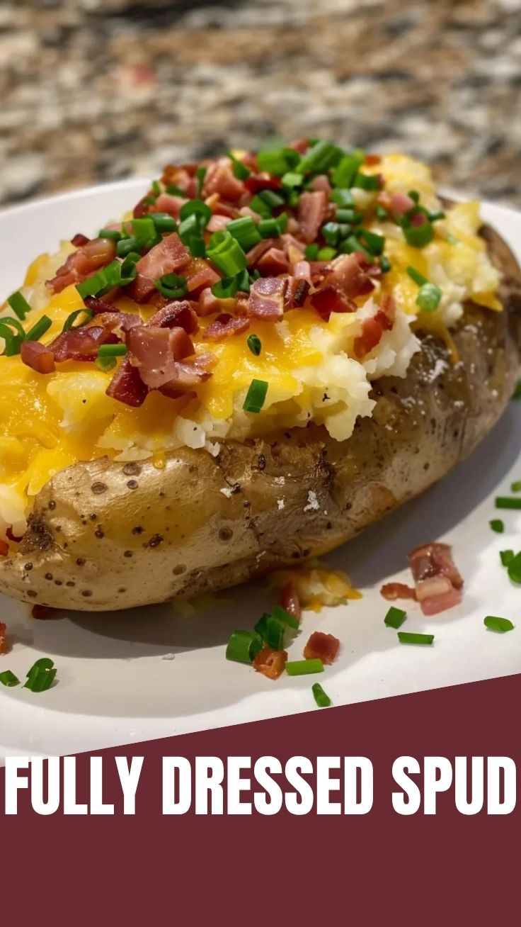 A loaded baked potato topped with cheese, bacon, and chives