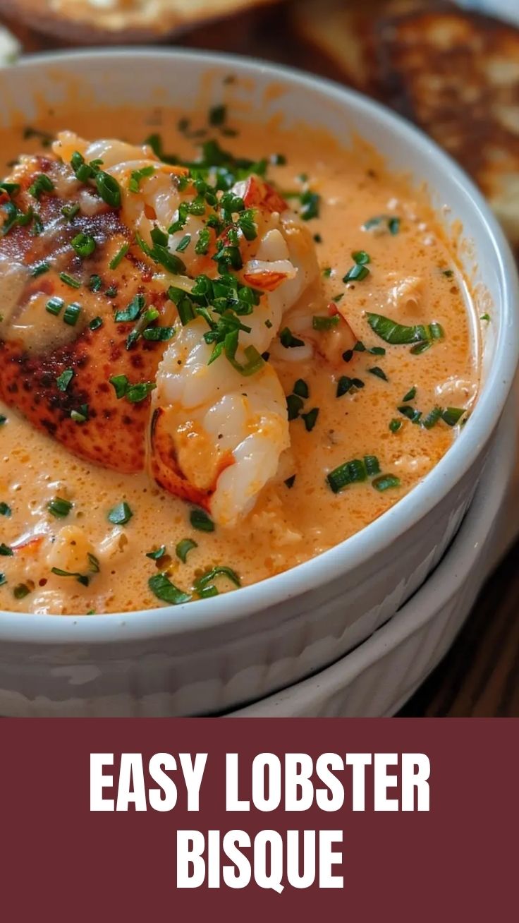 A steaming bowl of savory lobster bisque, artfully garnished with herbs.