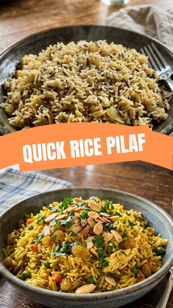 A steaming bowl of savory rice pilaf, garnished with fresh herbs.